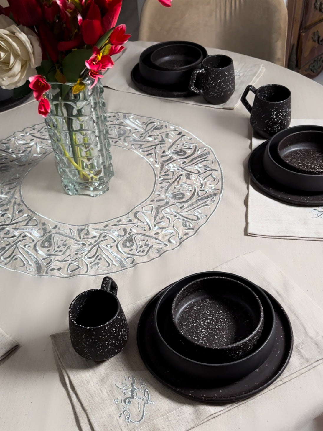 nappe de table ronde calligraphie