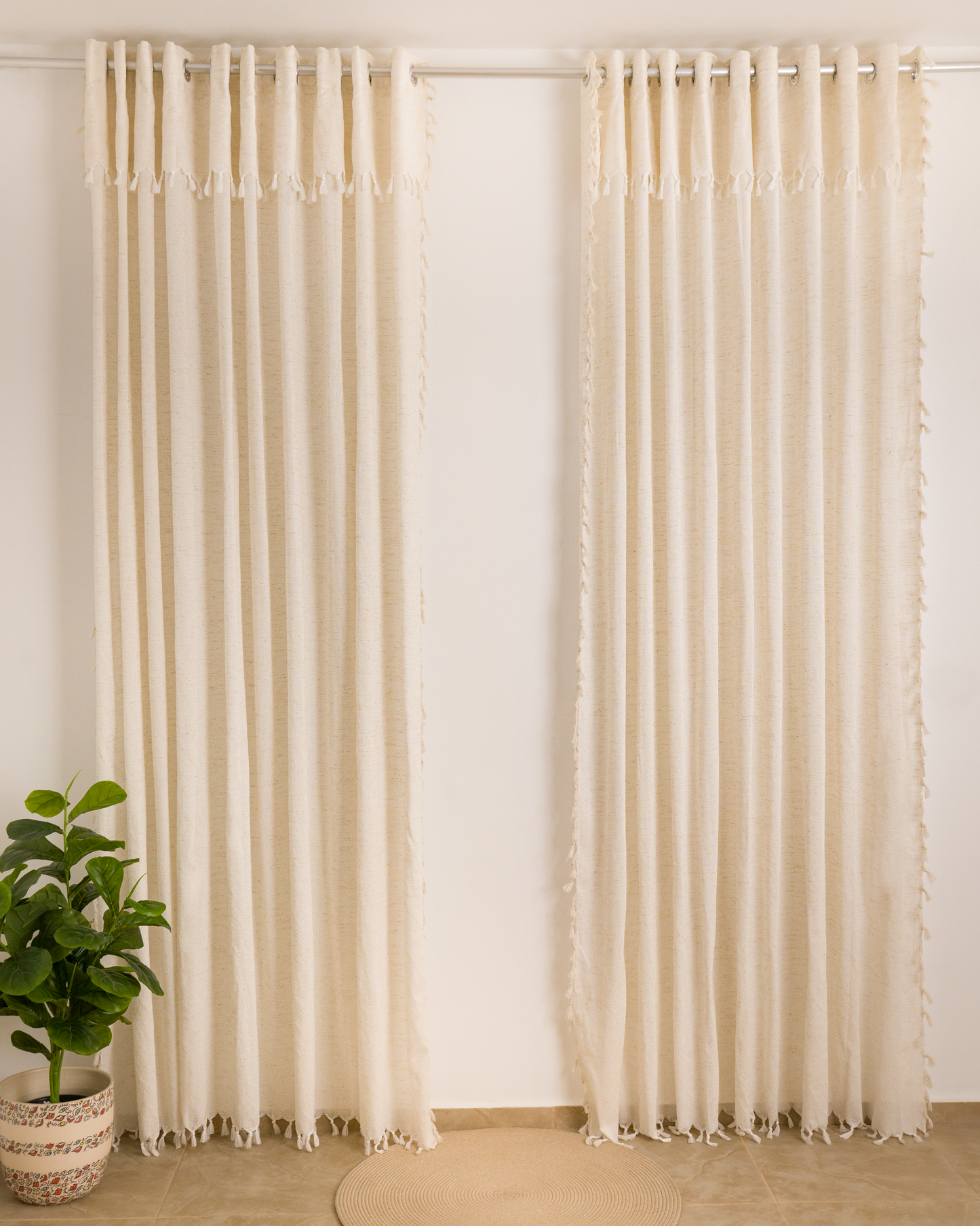 Rideau Anneau Artisanal 6 mètre en lin effet chiné couleur ecru, 2 pieces- zezia