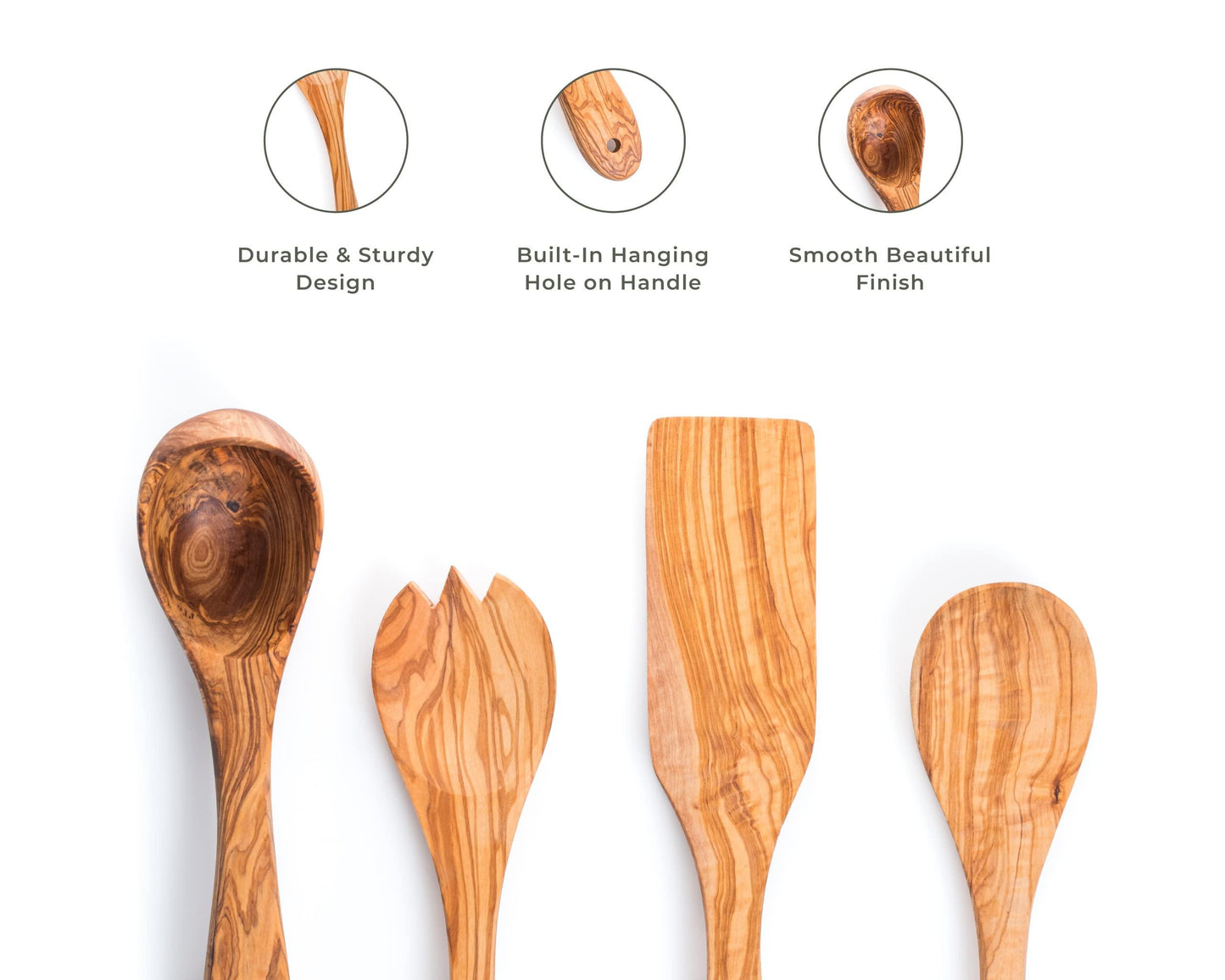 Olive Wooden Kitchen Utensils Set of 4 - Salad Fork, Spoon Set, Ladle & Flat Spatula - Darido
