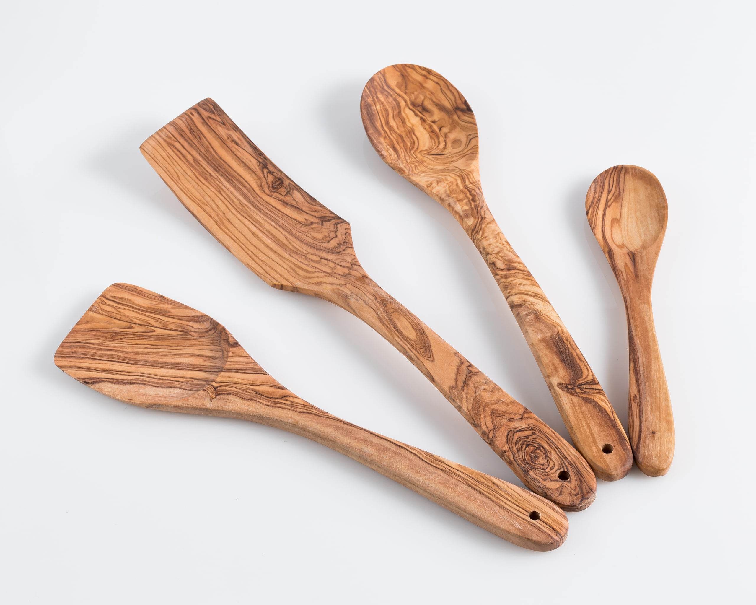 Série de 4 ustensiles de cuisine en bois d'olivier - cuillère, spatule
