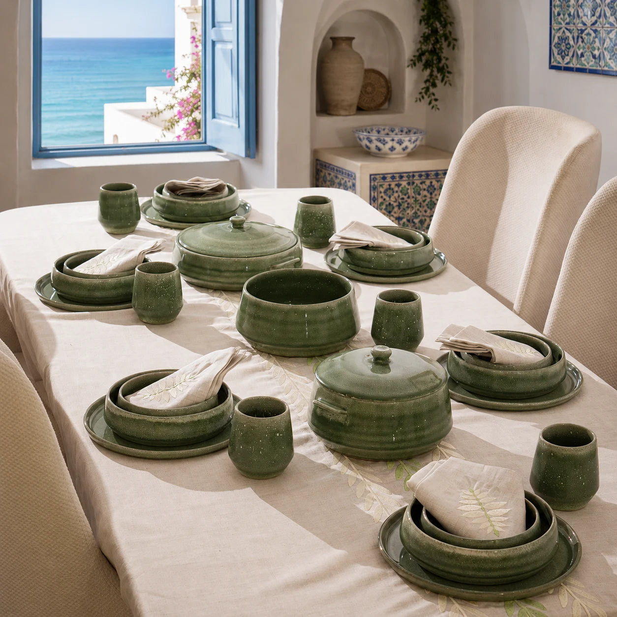 Table dressée avec le Service Émeraude en grès vert