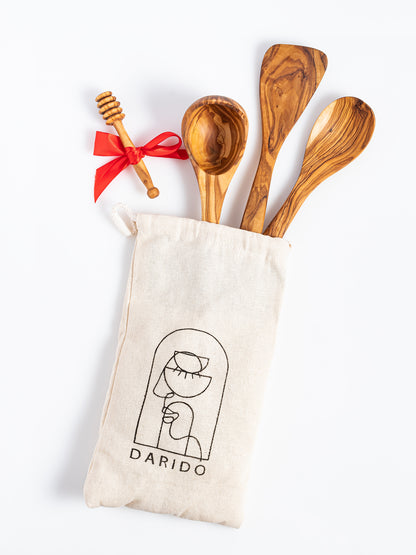 Série de 3 ustensiles de cuisine - cuillère , louche et spatule avec cuillère miel offerte!