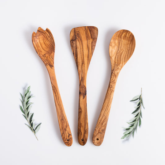 Kit de cuisine en bois d'olivier : Cuillère, Spatule & Spatule fendue