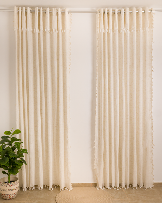 Rideau Anneau Artisanal 6 mètre en lin effet chiné couleur ecru, 2 pieces- zezia