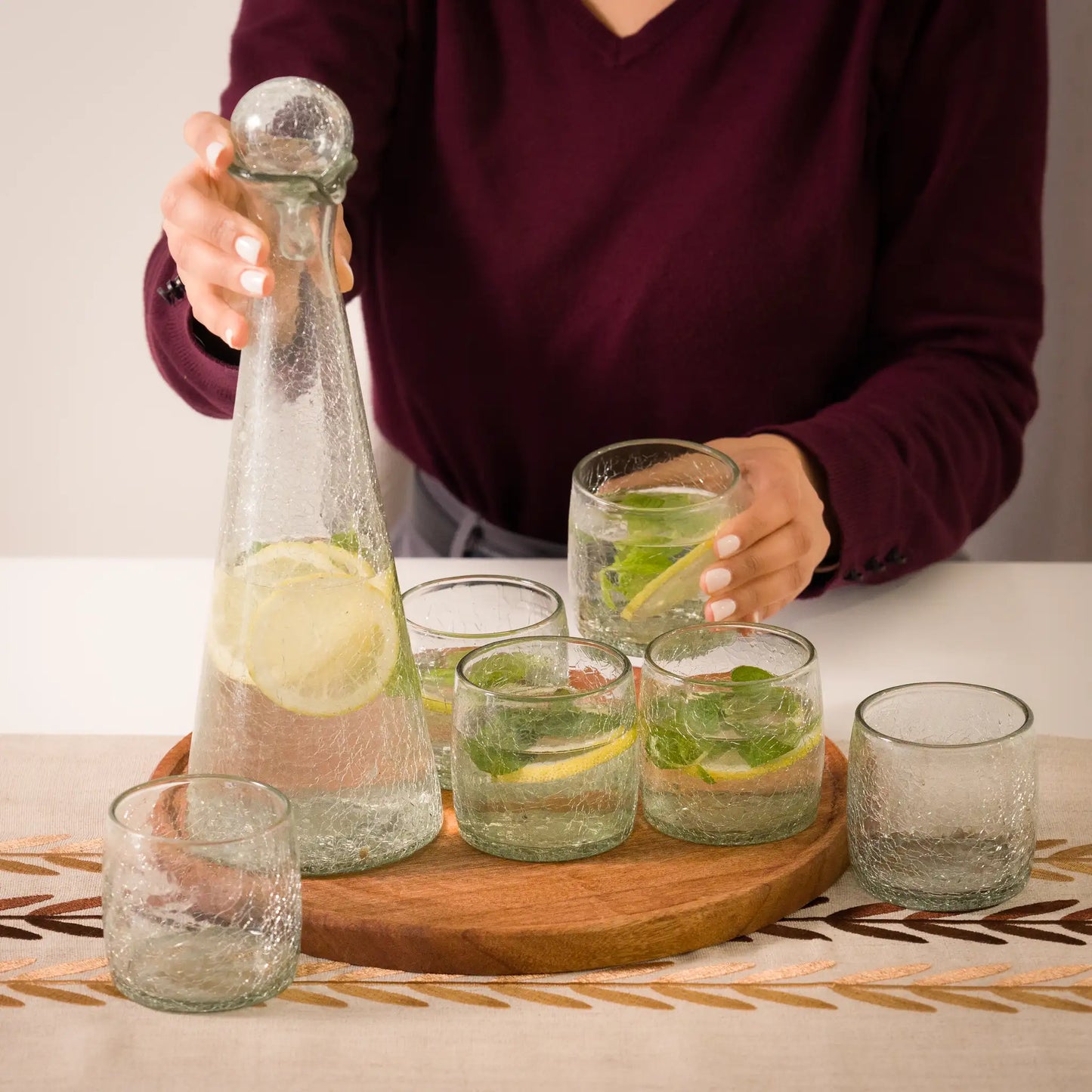 Service Eau de 6 personnes en verre soufflé – carafe & verres – Teinte miel