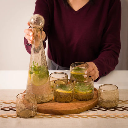 Service Eau de 6 personnes en verre soufflé – carafe & verres – Teinte miel