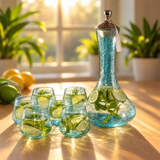 Grande carafe Saphir 2 L en verre soufflé bleu avec six verres