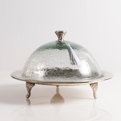 Présentoir avec cloche en verre soufflé & cuivre