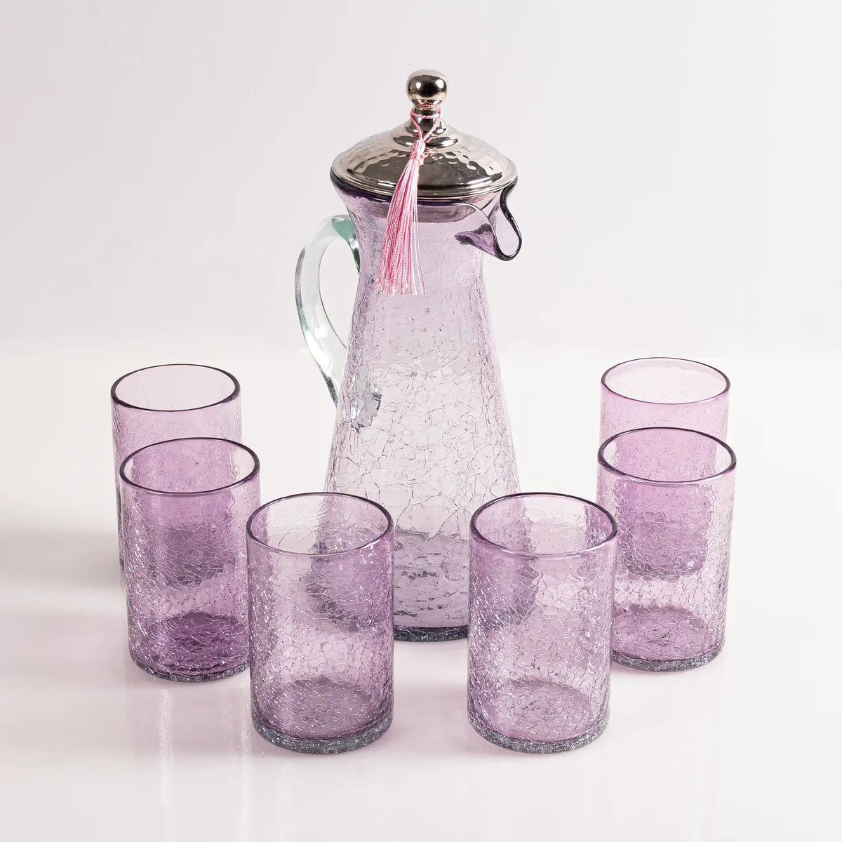 Service en verre soufflé rose mauve avec supports en cuivre doré