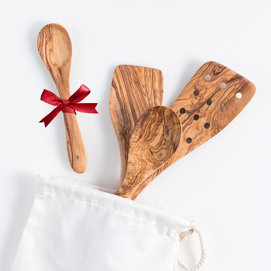 Série de 3 ustensiles de cuisine en bois d'olivier - cuillère, spatule, spatule avec trous+(cuillère 20 cm gratuite)