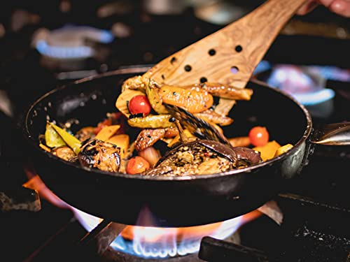 Série de 3 ustensiles de cuisine en bois d'olivier - cuillère, spatule, spatule avec trous+(cuillère 20 cm gratuite)