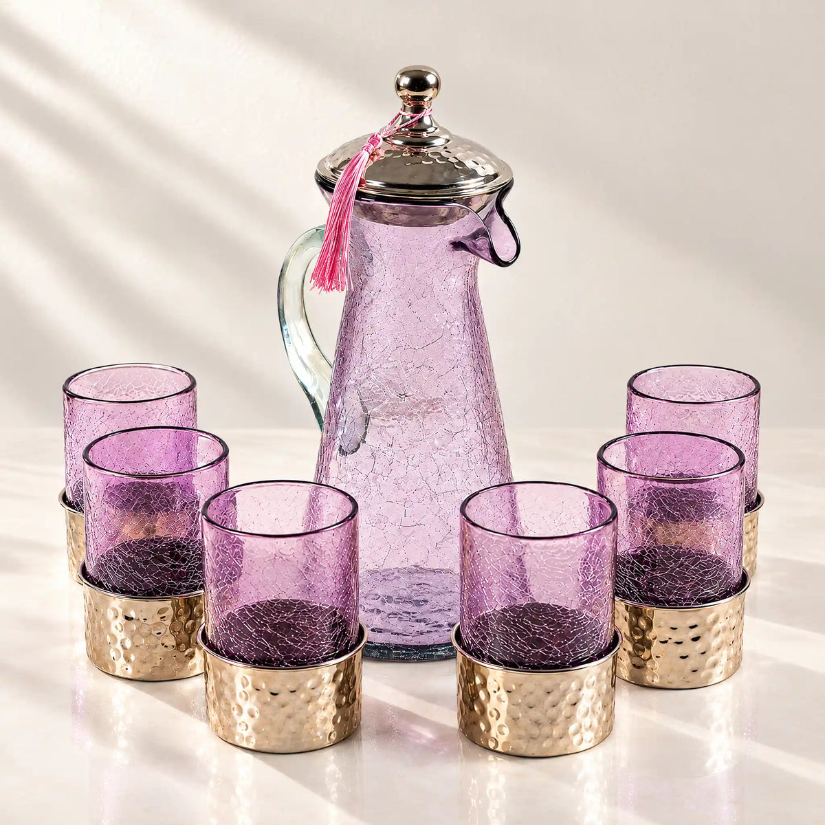Service à eau en verre soufflé craquelé mauve avec pichet et 6 verres