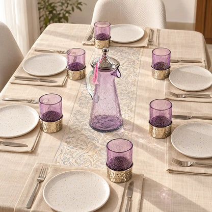 Verres à eau rose mauve avec effet craquelé et supports en cuivre