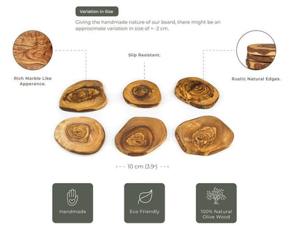 DARIDO Olivenholz Rustikale Runde Untersetzer 6er-Set - Handgefertigt - ca. 10 cm – runde Holzscheiben - Tischuntersetzer - Kaffeeuntersetzer - Dekorative Holzuntersetzer Getränke Tassen, Bar, Glas - Darido