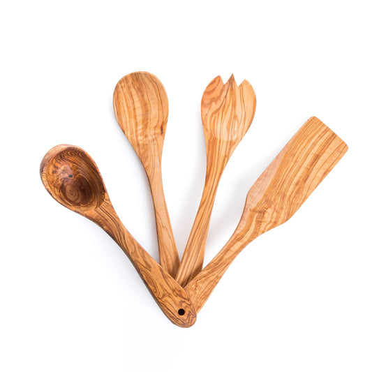 Olive Wooden Kitchen Utensils Set of 4 - Salad Fork, Spoon Set, Ladle & Flat Spatula - Darido