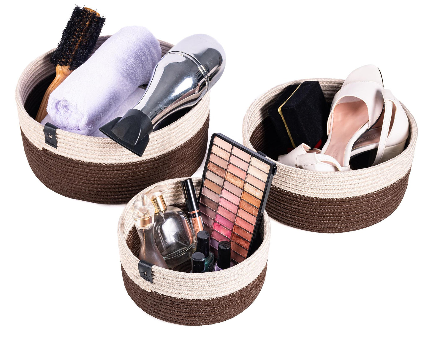 Lot de 3 paniers en Coton beige et marron